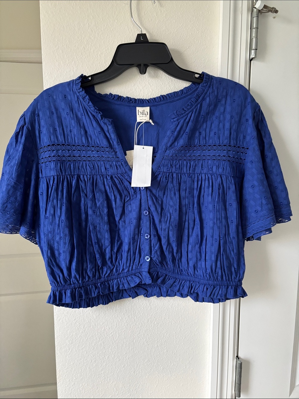 Bila Cobalt Blue Button-Front Eyelet Peplum Crop Top